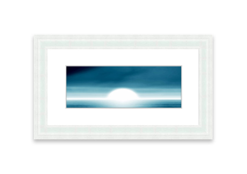 Framed Abstact Sun Blue print showcasing vibrant abstract design, ready to hang.