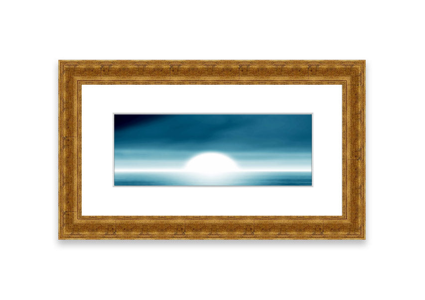 Framed Abstact Sun Blue print showcasing vibrant abstract design, ready to hang.