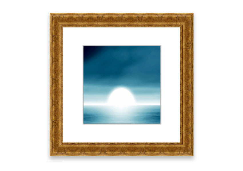 Framed Abstact Sun Blue print showcasing vibrant abstract design, ready to hang.