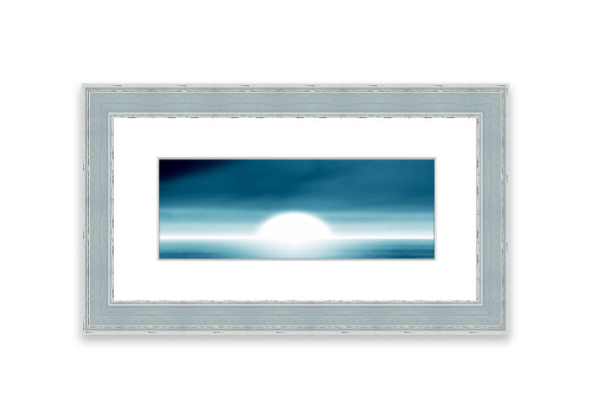 Framed Abstact Sun Blue print showcasing vibrant abstract design, ready to hang.