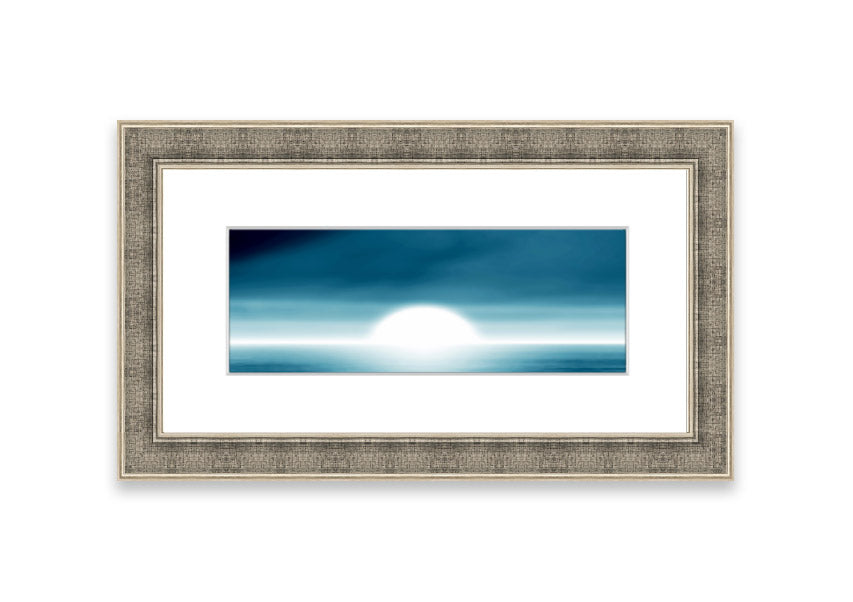 Framed Abstact Sun Blue print showcasing vibrant abstract design, ready to hang.