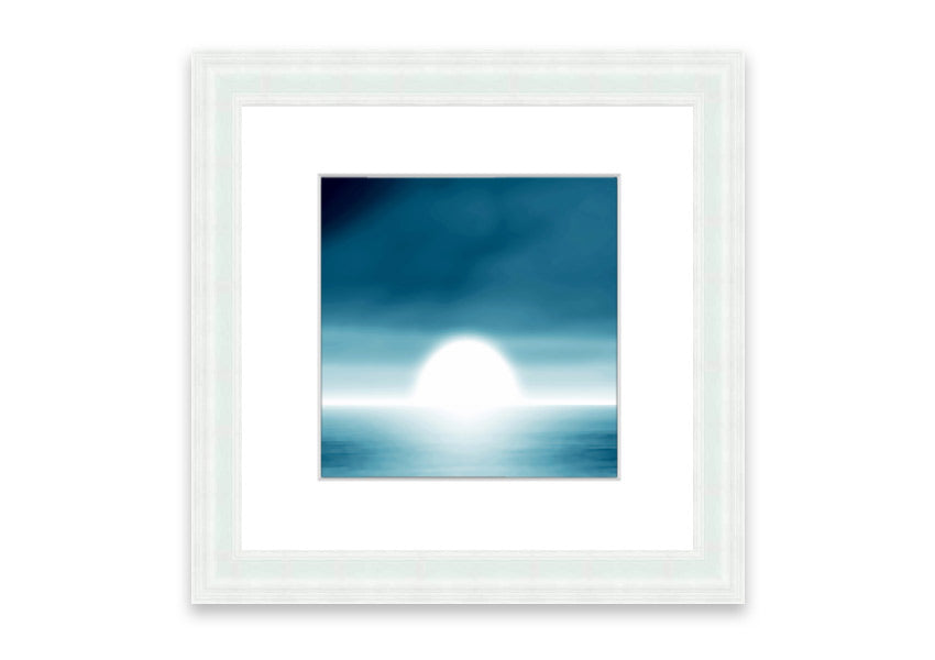 Framed Abstact Sun Blue print showcasing vibrant abstract design, ready to hang.