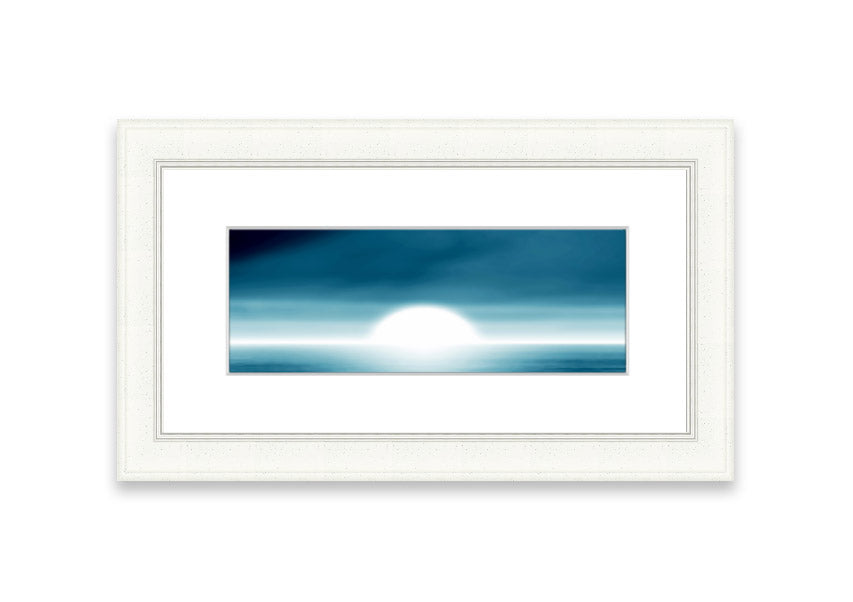 Framed Abstact Sun Blue print showcasing vibrant abstract design, ready to hang.