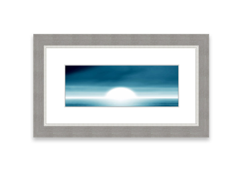 Framed Abstact Sun Blue print showcasing vibrant abstract design, ready to hang.