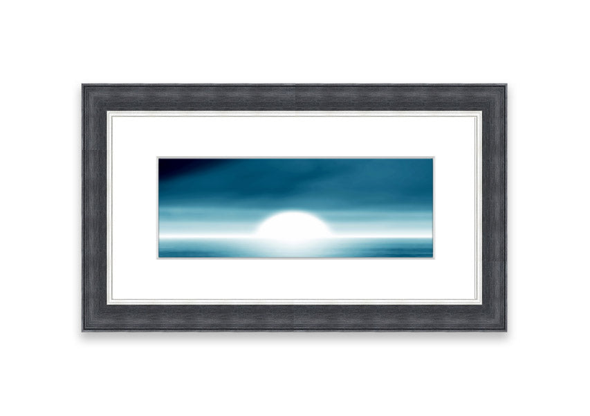 Framed Abstact Sun Blue print showcasing vibrant abstract design, ready to hang.