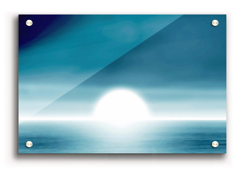 Vibrant blue abstract sun design printed on 5mm thick acrylic glass, ready to hang.