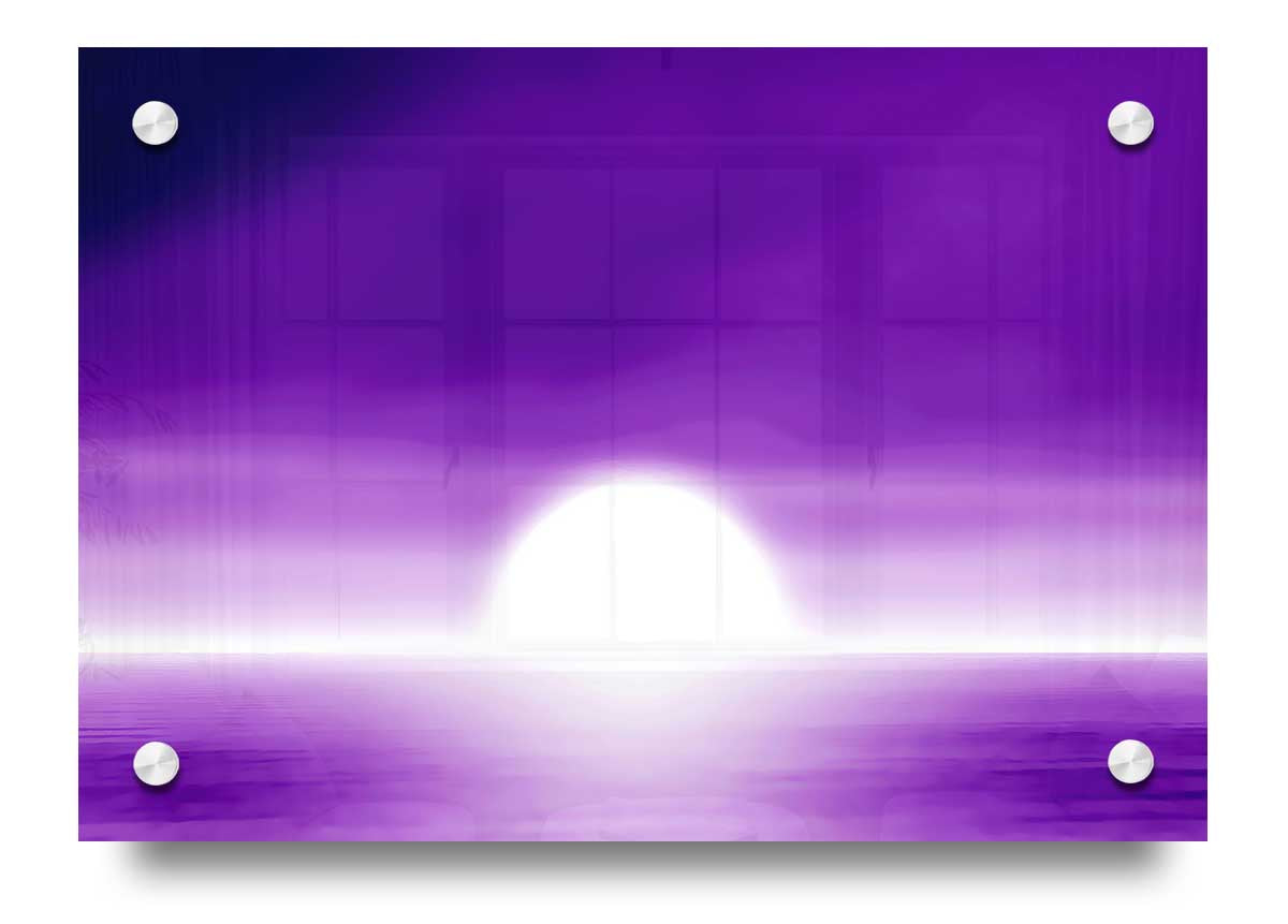 Vibrant purple sun design printed on 5mm thick acrylic glass, ready to hang.