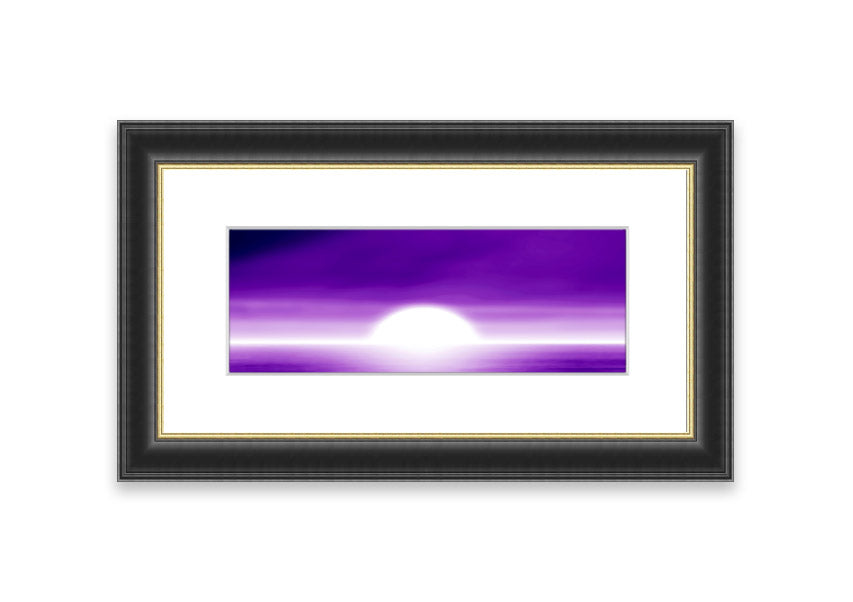 A vibrant abstract sun design in purple, framed elegantly, ready to hang.