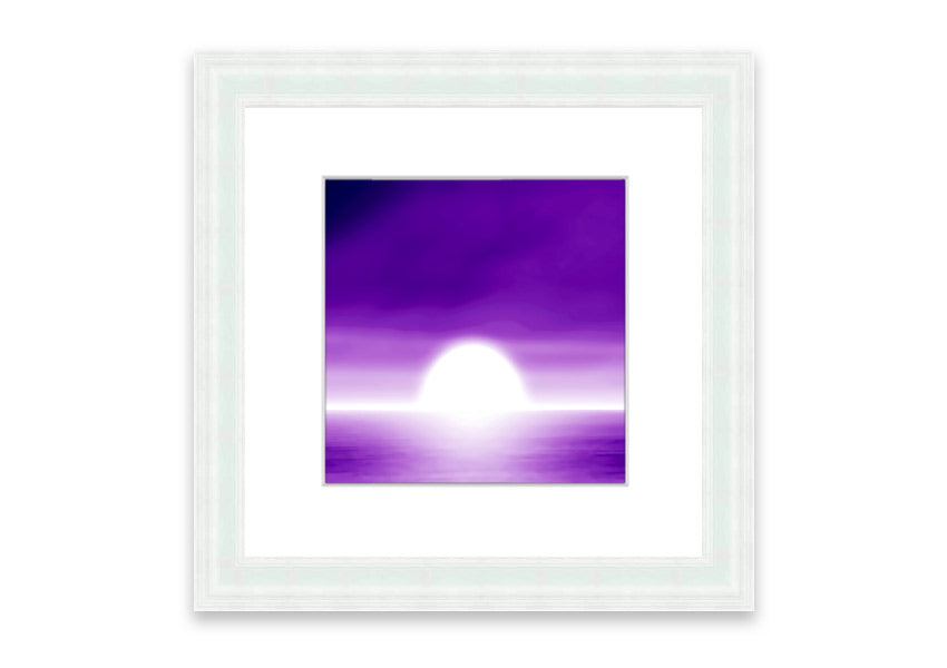 A vibrant abstract sun design in purple, framed elegantly, ready to hang.