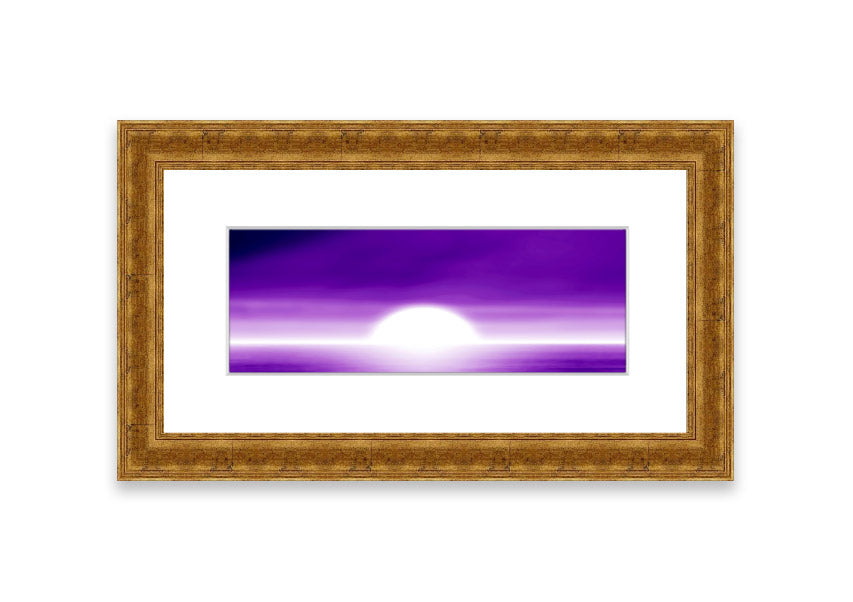 A vibrant abstract sun design in purple, framed elegantly, ready to hang.