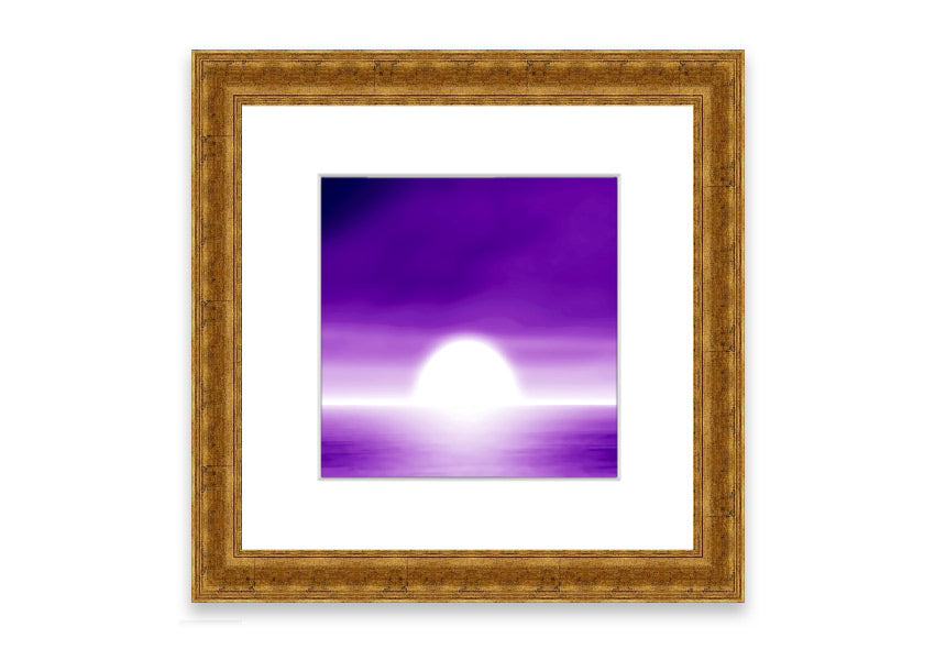 A vibrant abstract sun design in purple, framed elegantly, ready to hang.