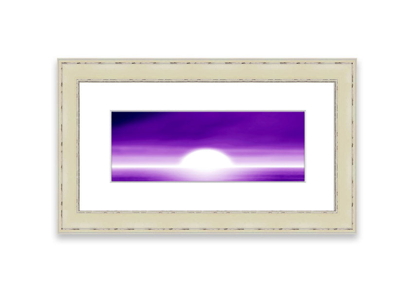 A vibrant abstract sun design in purple, framed elegantly, ready to hang.