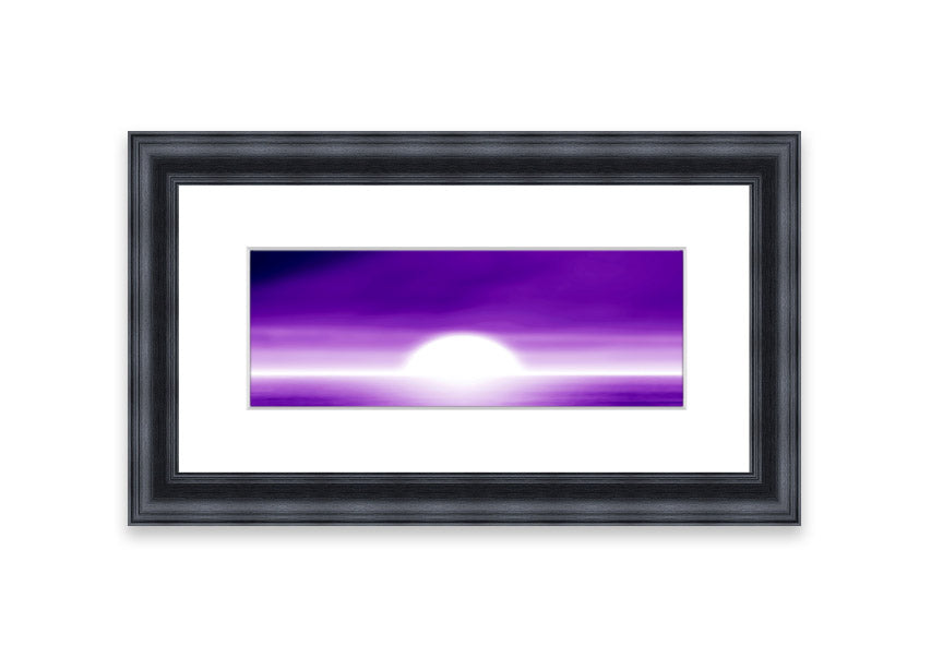 A vibrant abstract sun design in purple, framed elegantly, ready to hang.