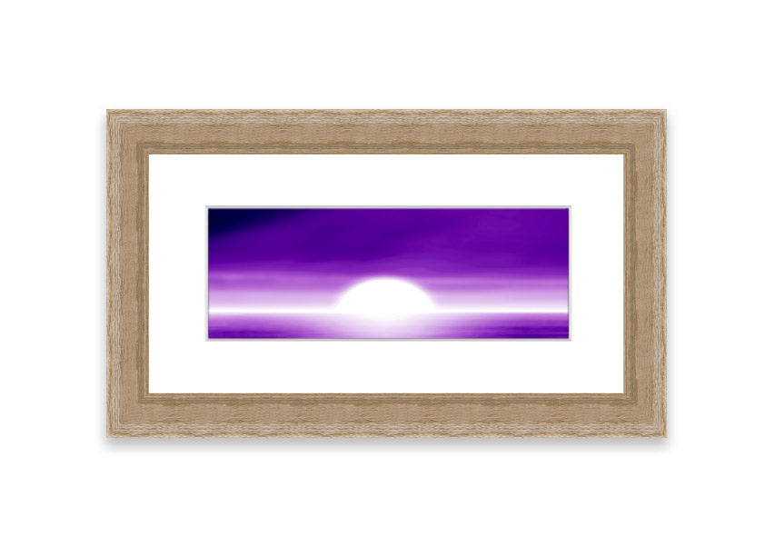 A vibrant abstract sun design in purple, framed elegantly, ready to hang.