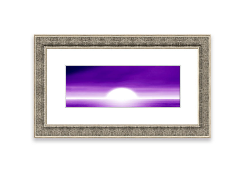 A vibrant abstract sun design in purple, framed elegantly, ready to hang.