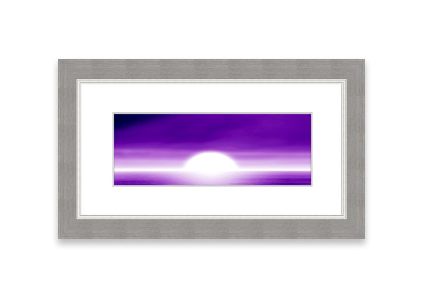 A vibrant abstract sun design in purple, framed elegantly, ready to hang.