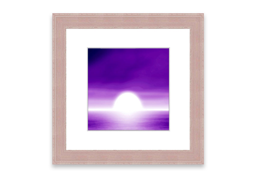 A vibrant abstract sun design in purple, framed elegantly, ready to hang.