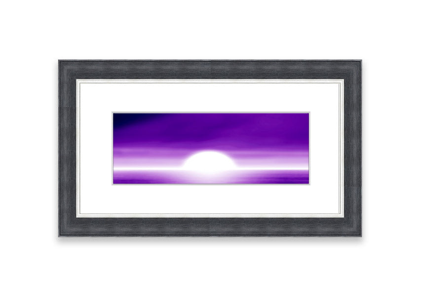 A vibrant abstract sun design in purple, framed elegantly, ready to hang.