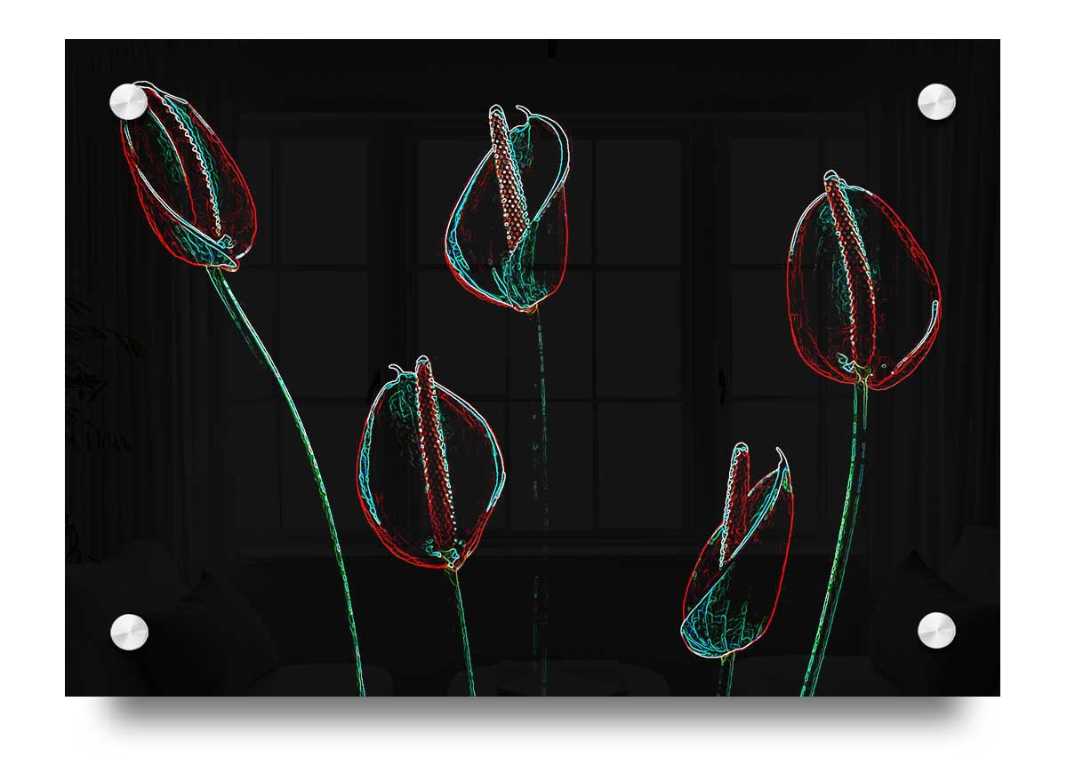 Abstarct Neon Floral 02 acrylic print showcasing vibrant neon colors on 5mm thick acrylic glass, ready to hang.