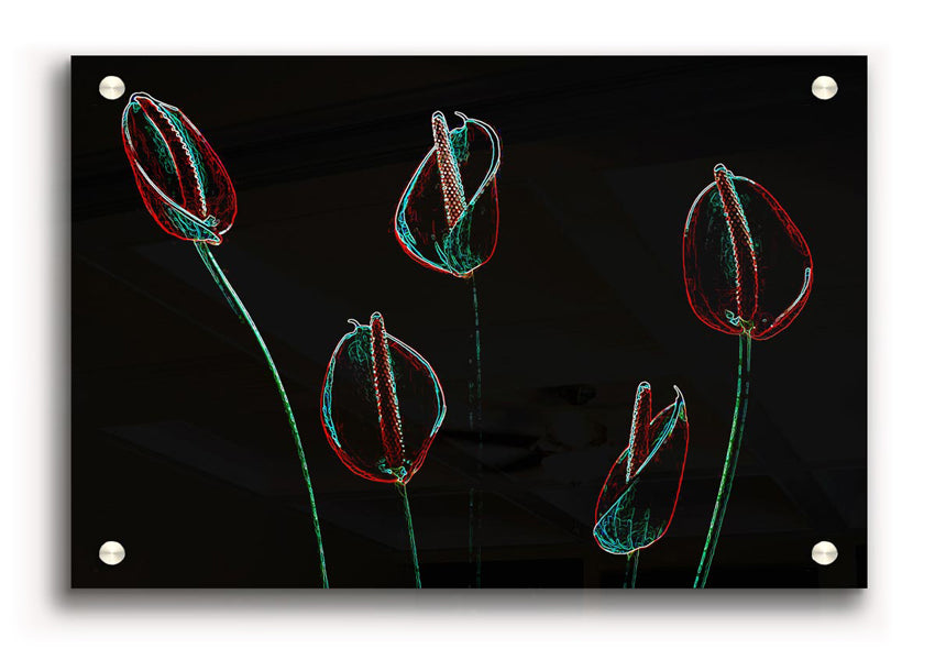 Abstarct Neon Floral 02 acrylic print showcasing vibrant neon colors on 5mm thick acrylic glass, ready to hang.