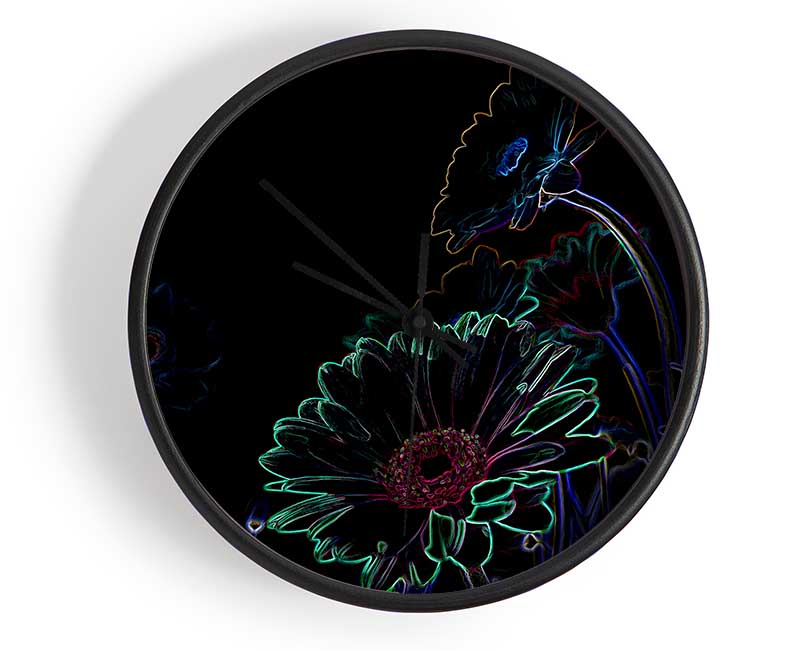 Abstract Neon Floral 04 clock made from natural bamboo with a vibrant floral design and clear Plexiglas lens.