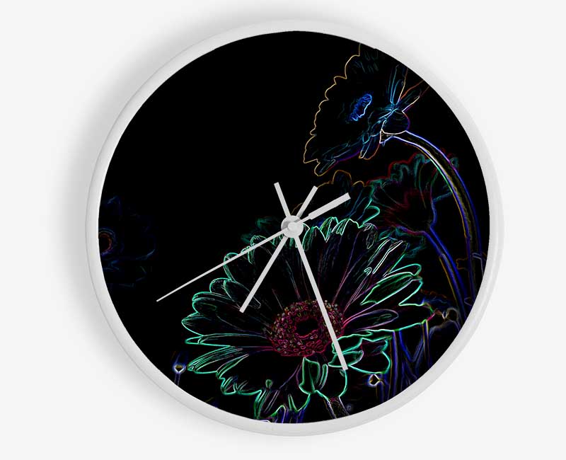 Abstract Neon Floral 04 clock made from natural bamboo with a vibrant floral design and clear Plexiglas lens.