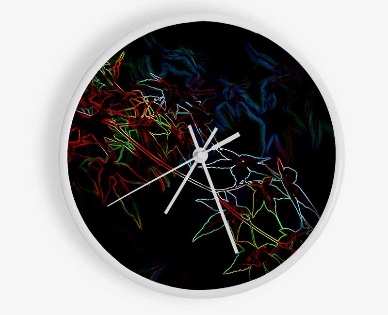 Abstract Neon Floral 08 clock made from natural bamboo with vibrant floral design and clear Plexiglas lens.