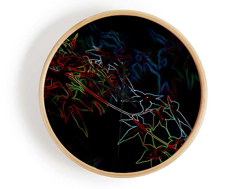 Abstract Neon Floral 08 clock made from natural bamboo with vibrant floral design and clear Plexiglas lens.