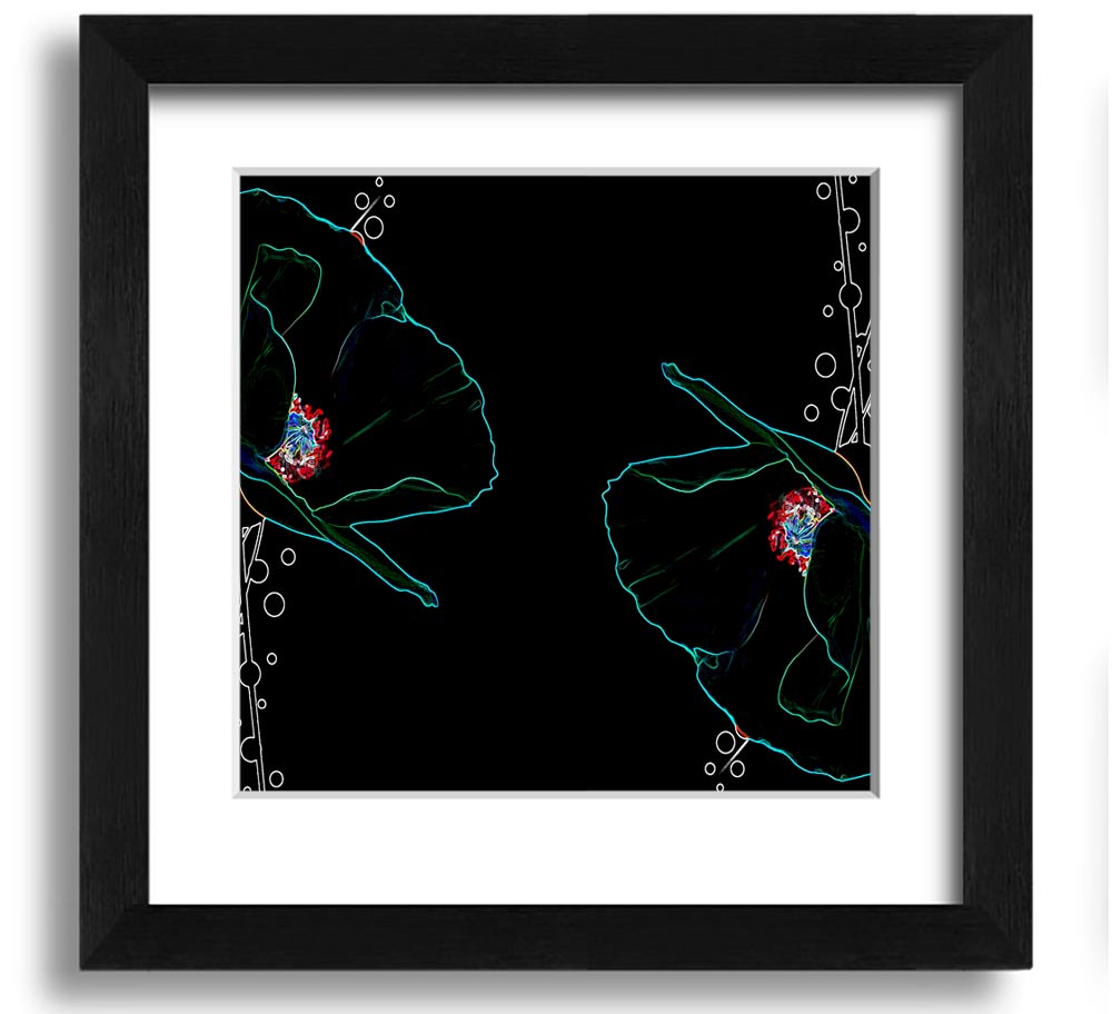 Vibrant square framed print featuring abstract neon floral design, ready to hang.