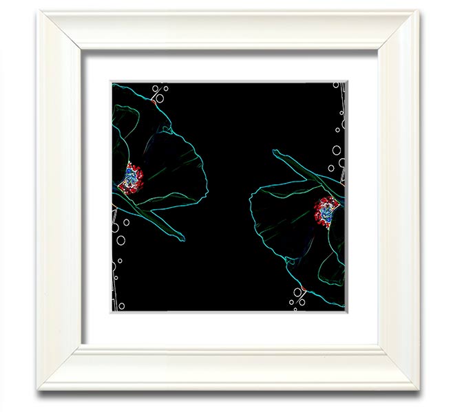 Vibrant square framed print featuring abstract neon floral design, ready to hang.