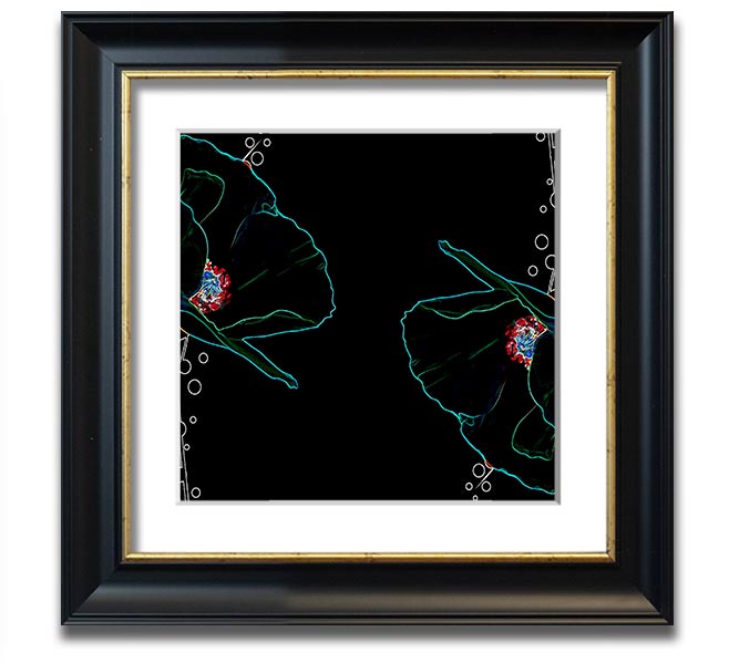 Vibrant square framed print featuring abstract neon floral design, ready to hang.