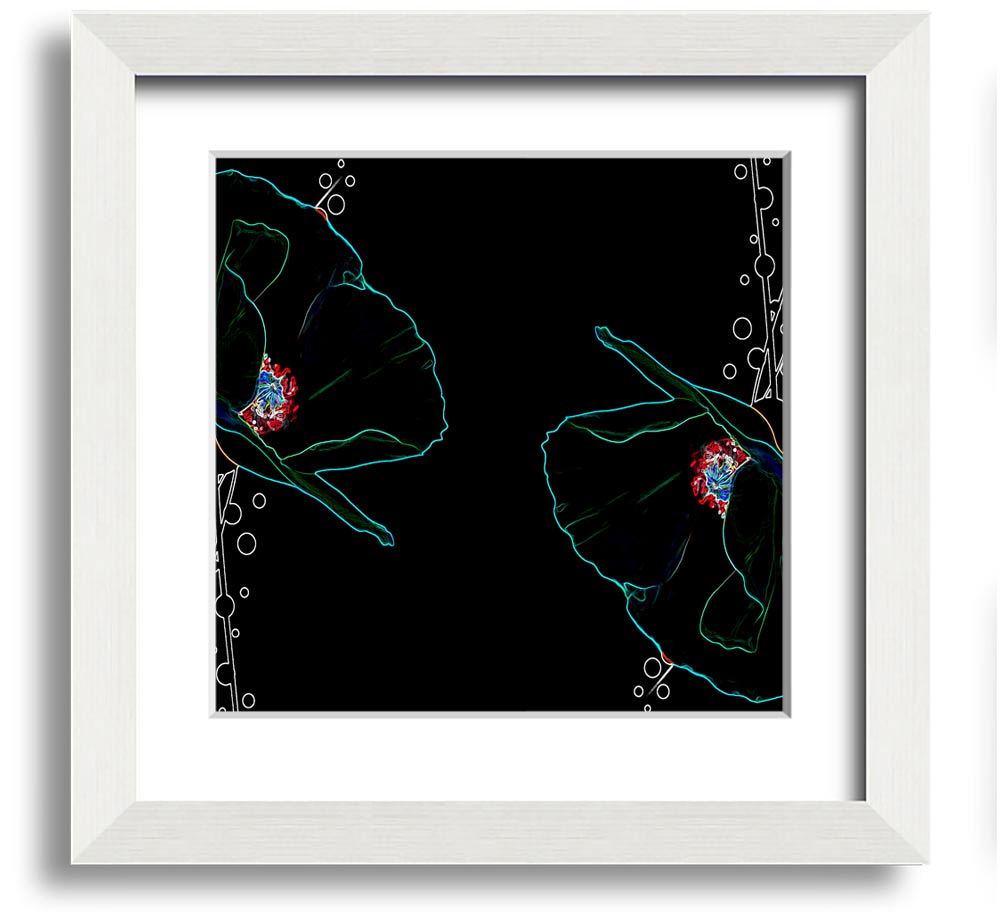 Vibrant square framed print featuring abstract neon floral design, ready to hang.