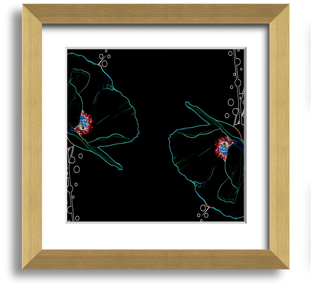 Vibrant square framed print featuring abstract neon floral design, ready to hang.