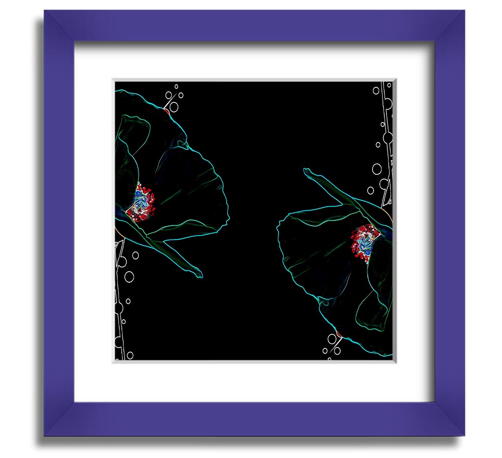 Vibrant square framed print featuring abstract neon floral design, ready to hang.