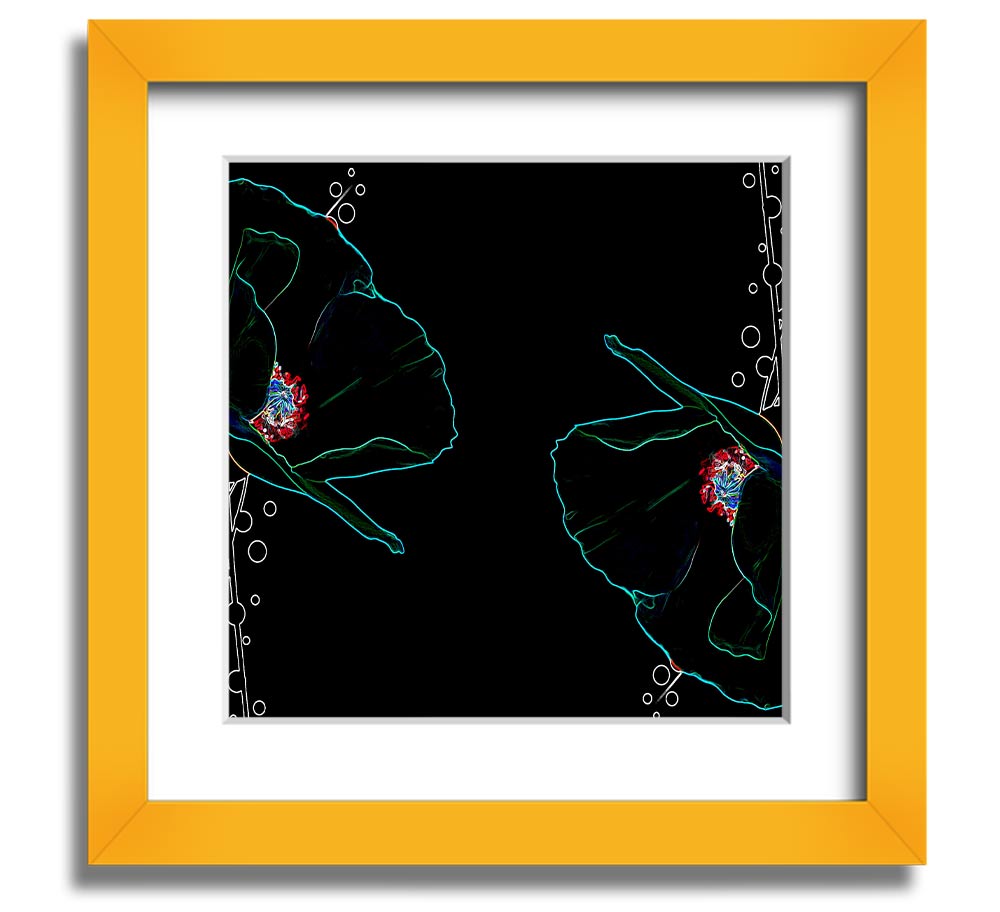 Vibrant square framed print featuring abstract neon floral design, ready to hang.