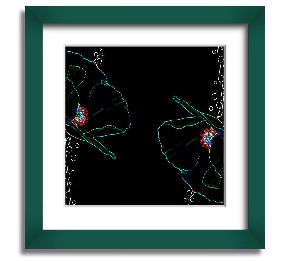 Vibrant square framed print featuring abstract neon floral design, ready to hang.