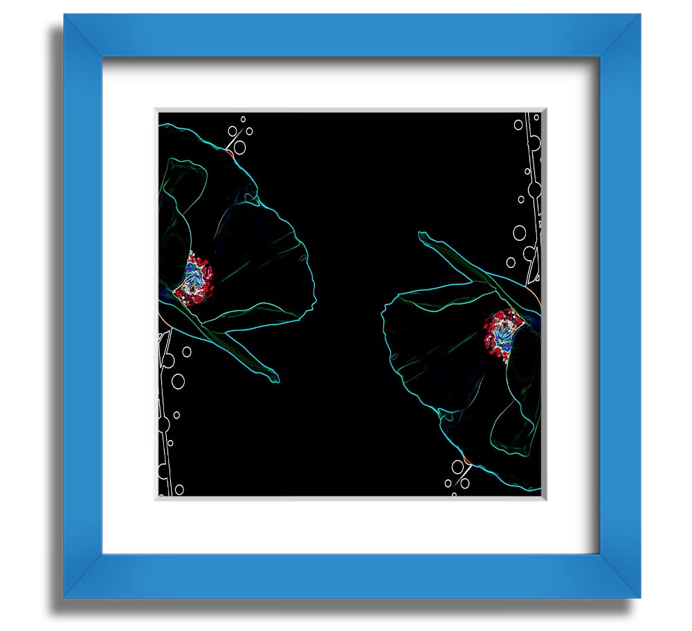 Vibrant square framed print featuring abstract neon floral design, ready to hang.