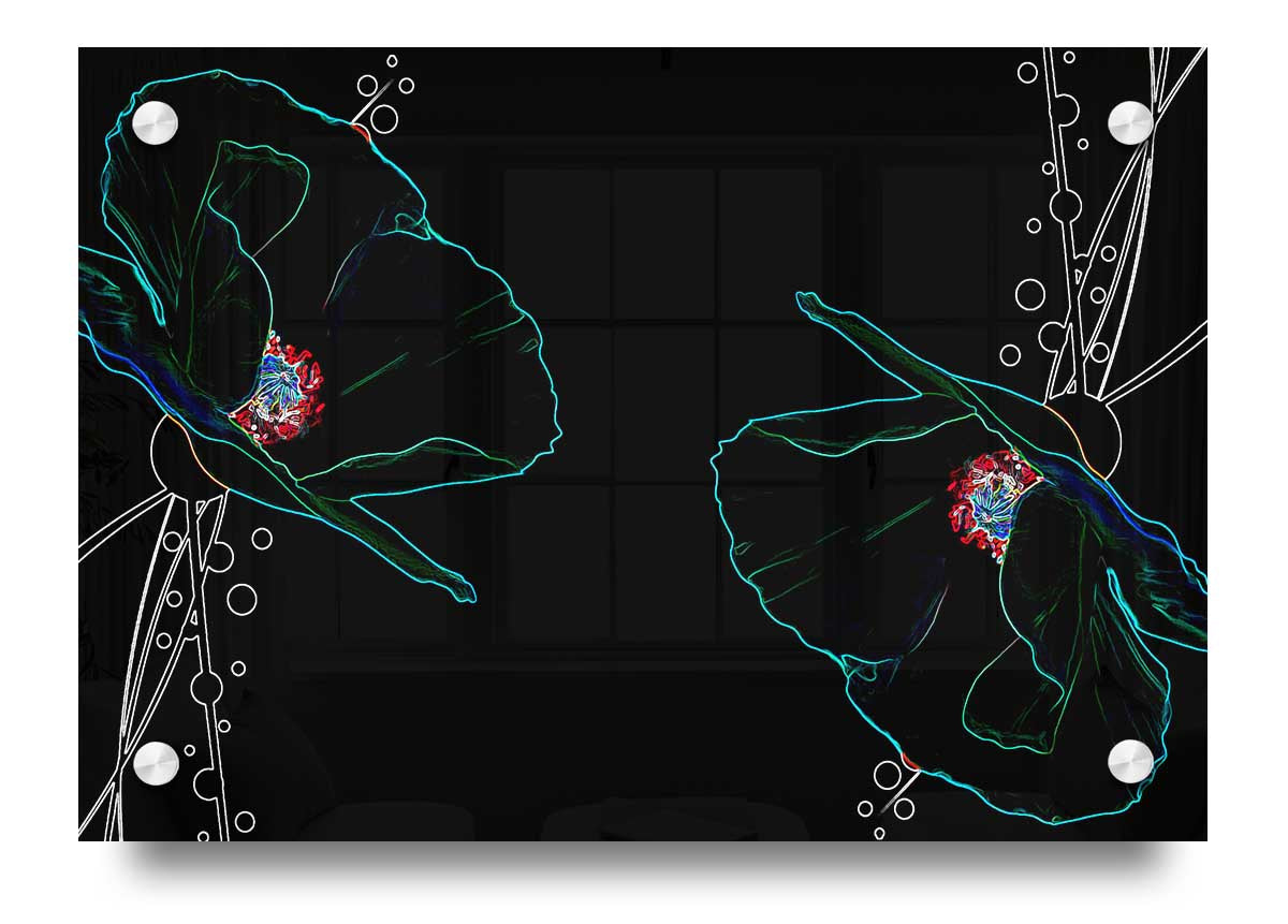 Abstarct Neon Floral 09 acrylic print featuring vibrant neon colors on a 5mm thick acrylic glass, ready to hang.