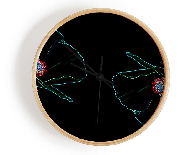 Abstract Neon Floral 09 clock made from natural bamboo with vibrant floral design and clear Plexiglas lens.