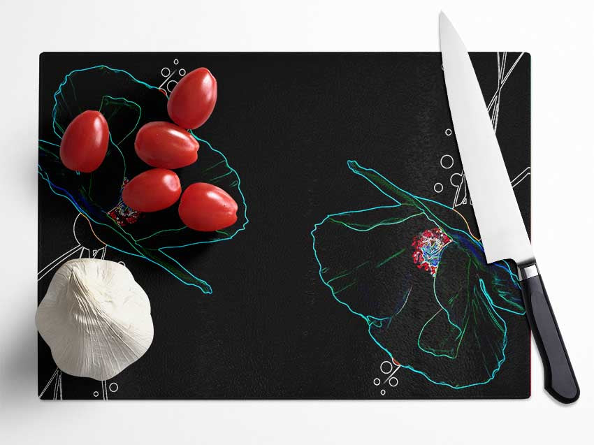 Abstarct Neon Floral 09 chopping board made of tempered glass with vibrant floral design and anti-slip feet.