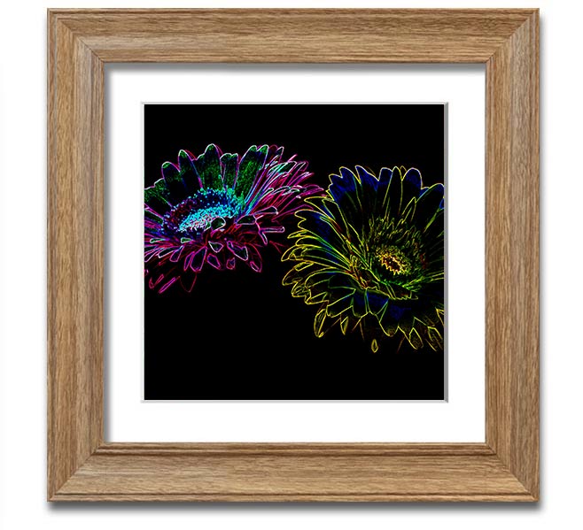 Abstract Neon Floral 12 square framed print with vibrant colors and floral design, ready to hang.