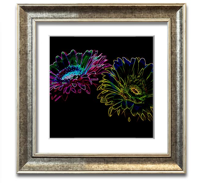 Abstract Neon Floral 12 square framed print with vibrant colors and floral design, ready to hang.