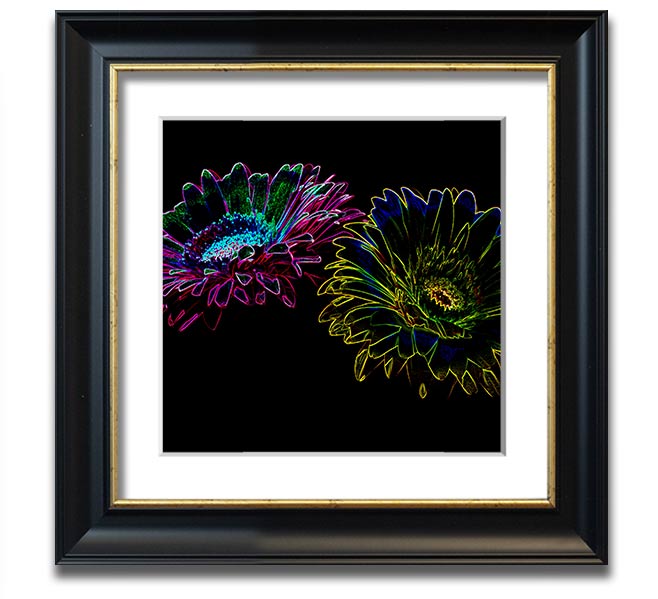 Abstract Neon Floral 12 square framed print with vibrant colors and floral design, ready to hang.