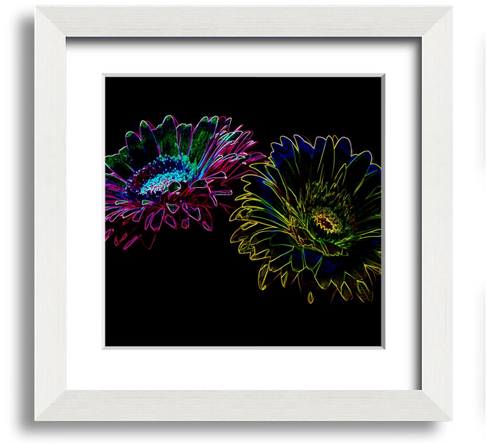 Abstract Neon Floral 12 square framed print with vibrant colors and floral design, ready to hang.