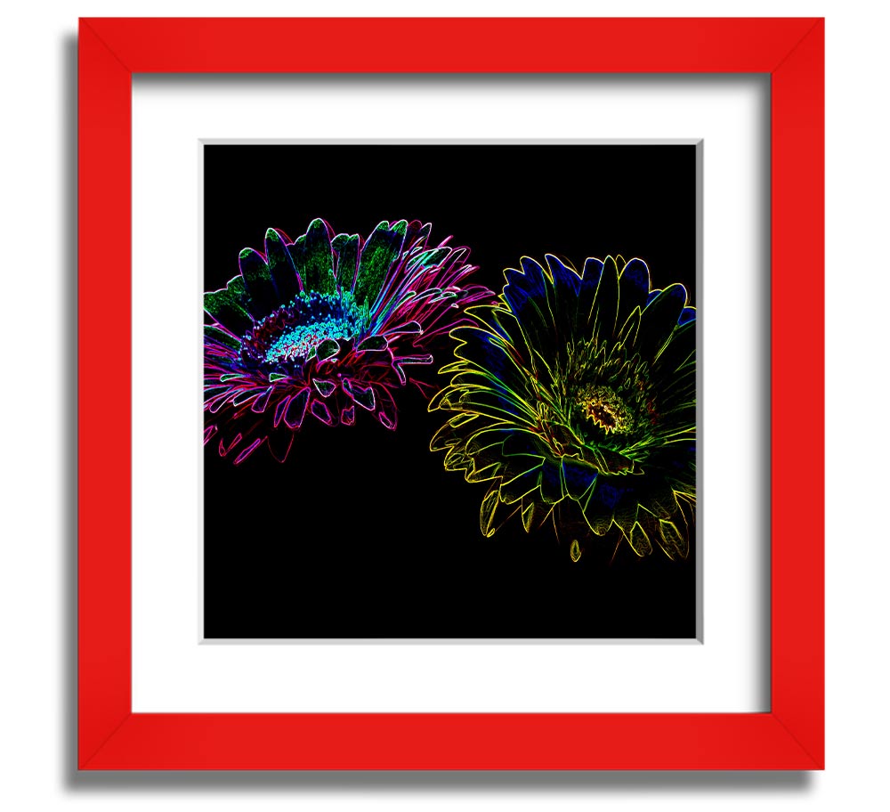 Abstract Neon Floral 12 square framed print with vibrant colors and floral design, ready to hang.