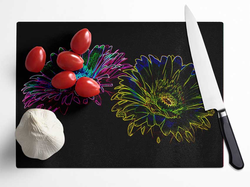 Abstract Neon Floral 12 chopping board made of tempered glass with vibrant floral design and anti-slip feet.