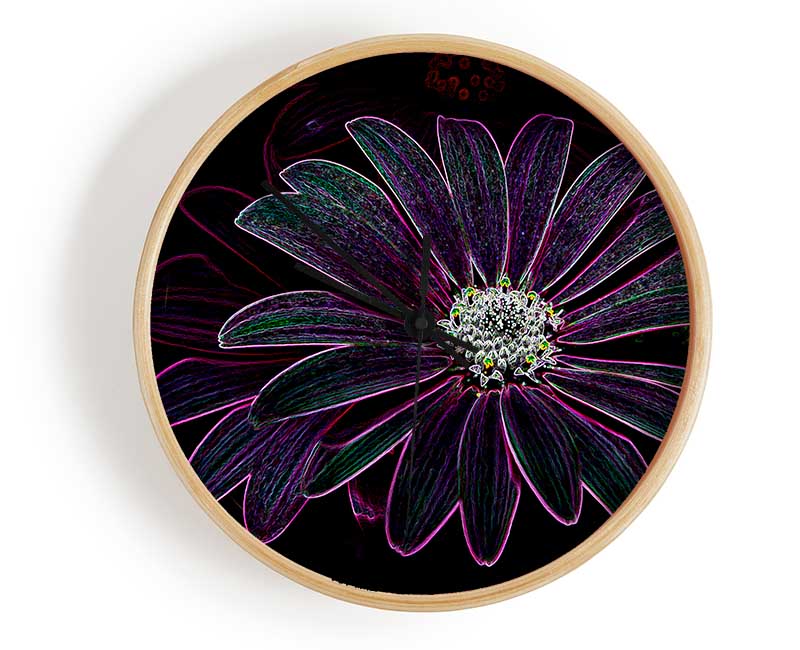 Abstract Neon Floral 14 clock made from natural bamboo with vibrant floral design and clear Plexiglas lens.