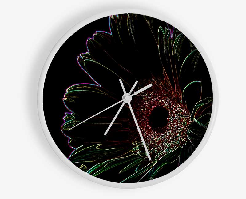 Abstract Neon Floral 16 clock made from natural bamboo with vibrant floral design and clear Plexiglas lens.