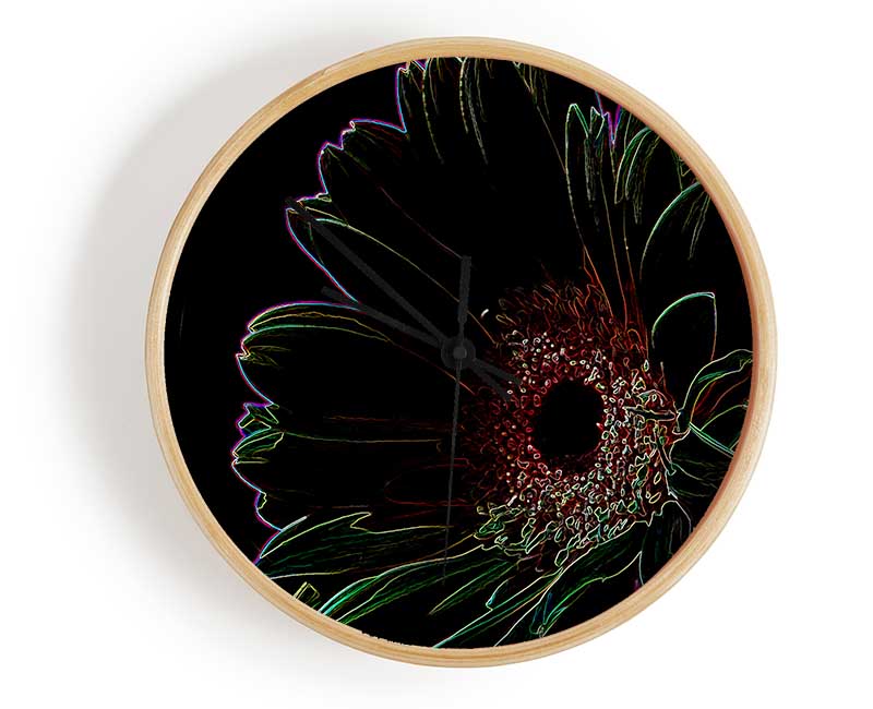 Abstract Neon Floral 16 clock made from natural bamboo with vibrant floral design and clear Plexiglas lens.