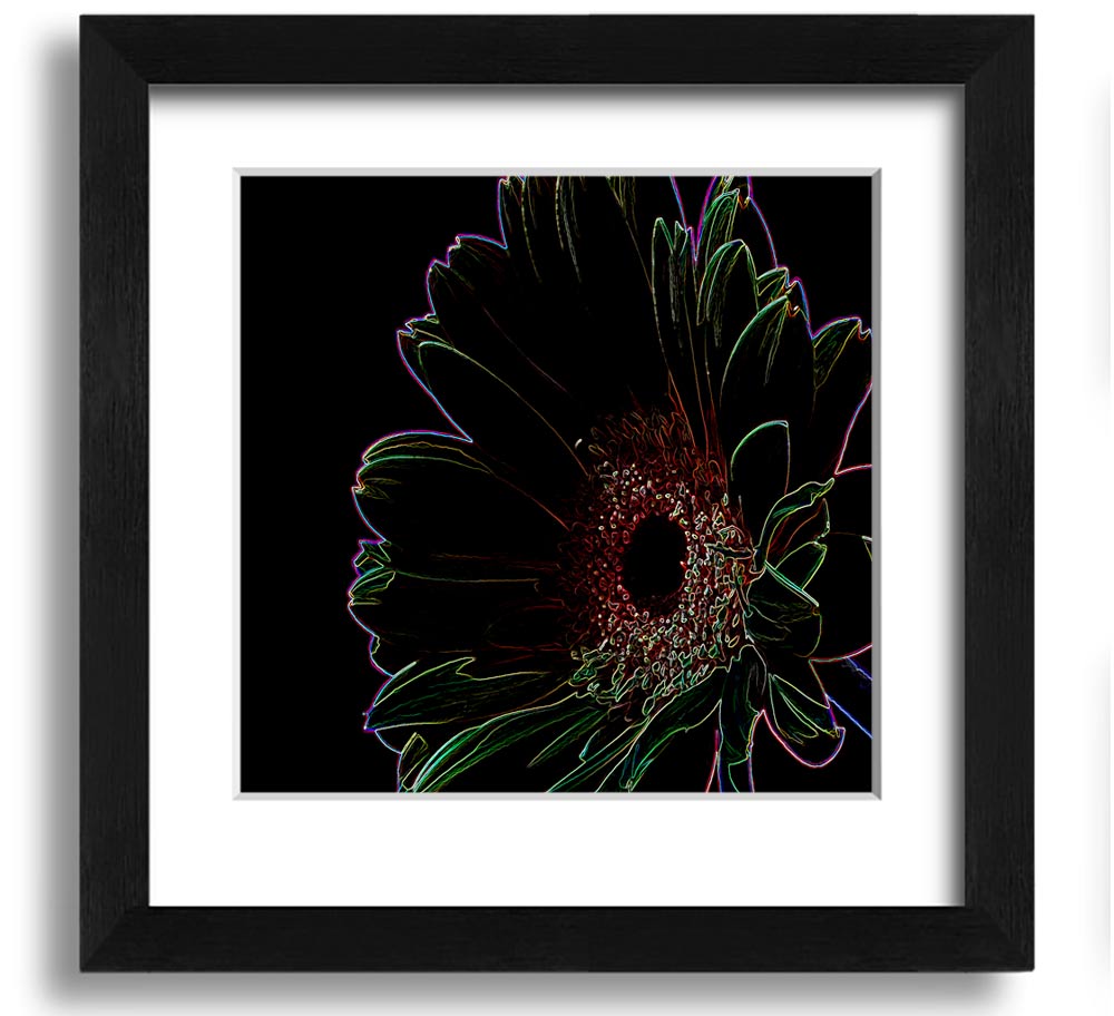 Abstarct Neon Floral 16 square framed print showcasing vibrant neon flowers in a stylish frame.